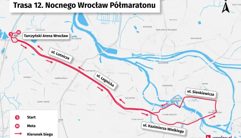 Trasa 12. Nocnego Wrocław Półmaratonu: start na Tarczyński Arena, przez ul. Lotniczą, Legnicką, Sienkiewicza, Kazimierza Wielkiego.