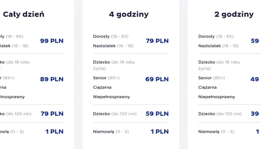 Cennik rodzinny Suntago: bilety całodniowe, 4-godzinne i 2-godzinne dla dorosłych, nastolatków, dzieci, seniorów i niemowląt.