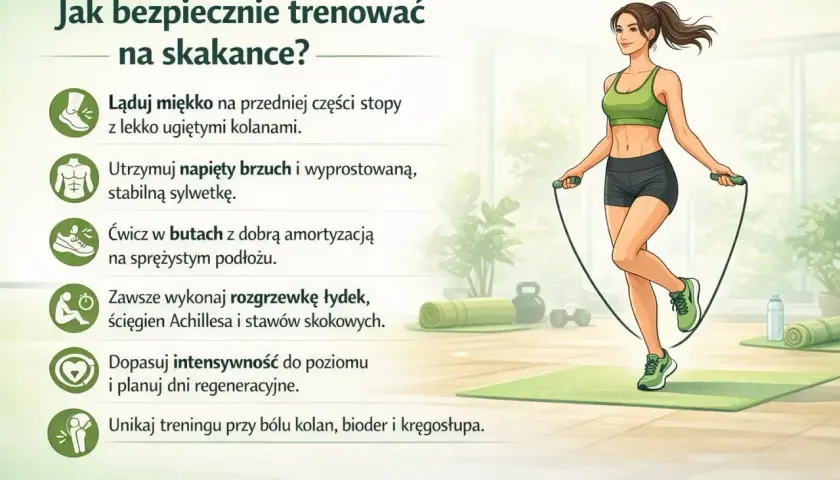 Kobieta skacze na skakance, ilustracja pokazuje jak uzyskać najlepsze skakanie na skakance efekty, dbając o technikę i bezpieczeństwo.