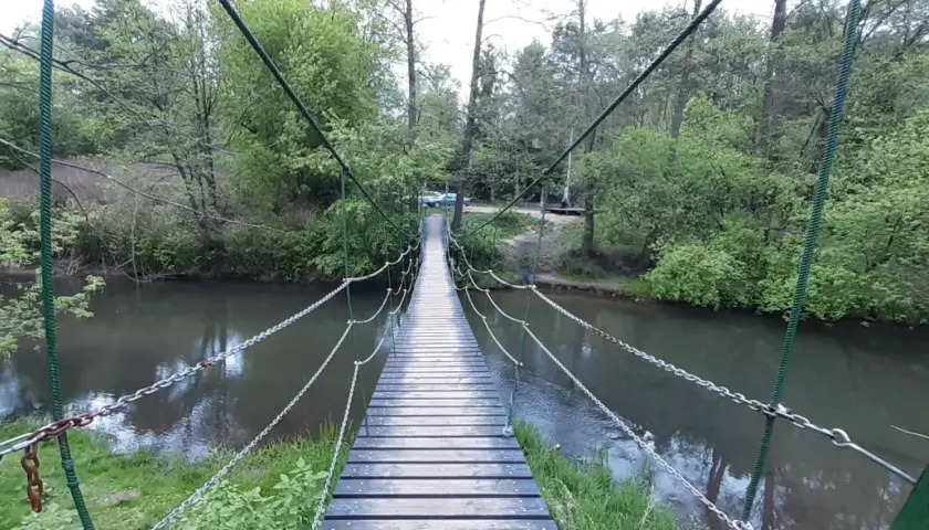 Drewniany most wiszący nad rzeką, otoczony zielenią. W oddali widać samochody, a całość tworzy malowniczy krajobraz w okolicach Celestynowa.