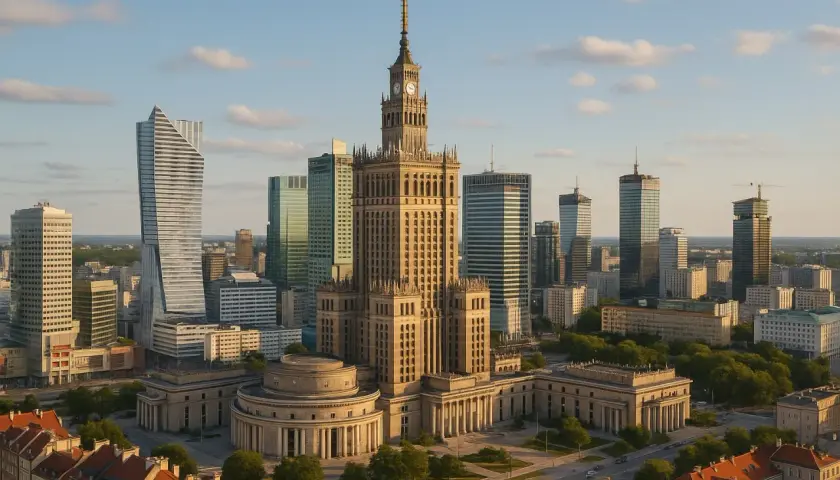 Pałac Kultury i Nauki góruje nad nowoczesnymi wieżowcami, tworząc panoramę fajnych miejsc w Warszawie.