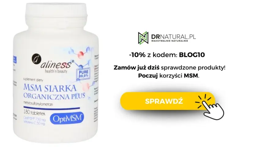 Suplement diety Aliness MSM Siarka Organiczna Plus, 180 tabletek. Poczuj korzyści siarki organicznej dla zdrowia.