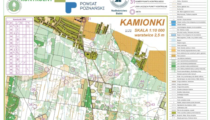 Mapa terenu "Kamionki" z zaznaczonymi punktami kontrolnymi i legendą.