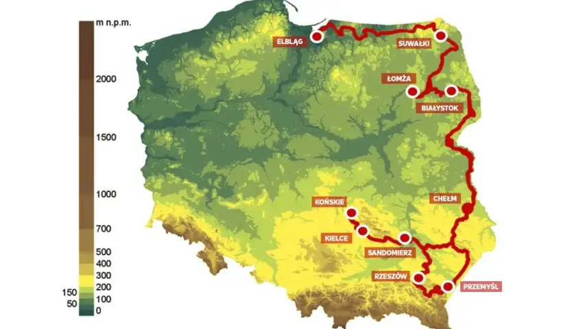 Mapa Polski z zaznaczonymi oznaczeniami tras rowerowych, biegnącymi przez Elbląg, Suwałki, Łomżę, Białystok, Końskie, Kielce, Sandomierz, Rzeszów, Chełm i Przemyśl.