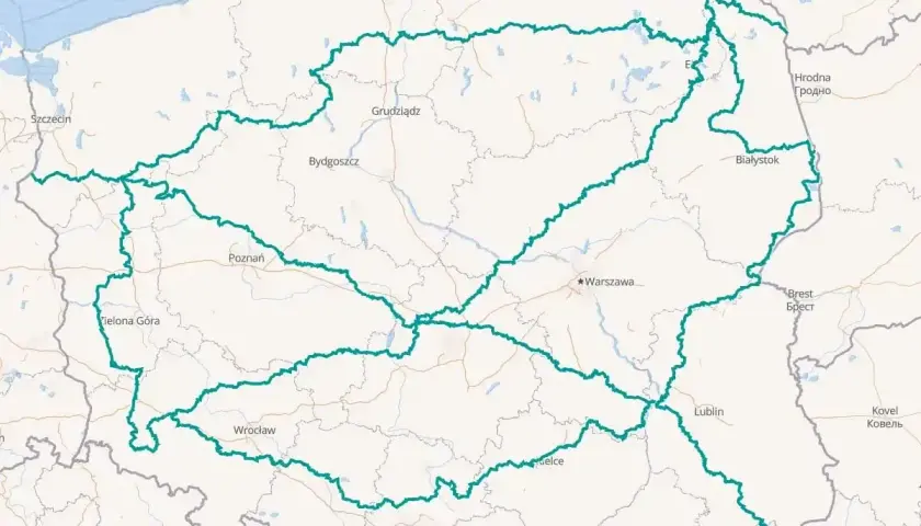 Mapa Polski z zaznaczonymi trasami, obejmującymi m.in. Lublin i tereny lubelszczyzny.