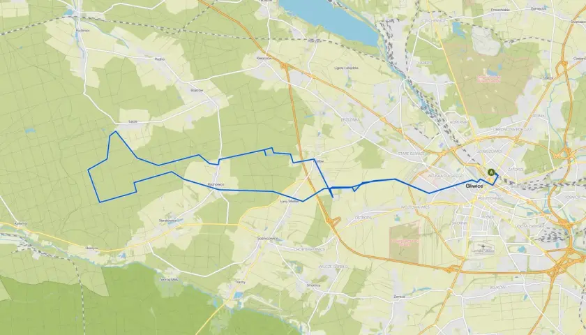 Mapa z zaznaczonymi trasami rowerowymi Gliwice i okolicami.