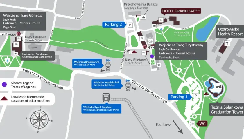 Mapa Kopalni Soli "Wieliczka" z zaznaczonymi wejściami na trasy, parkingami i kasami biletowymi.