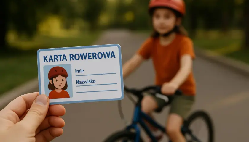 Karta rowerowa od ilu lat? Dziecko w kasku jedzie na rowerze, a ręka trzyma kartę rowerową z rysunkiem dziewczynki.