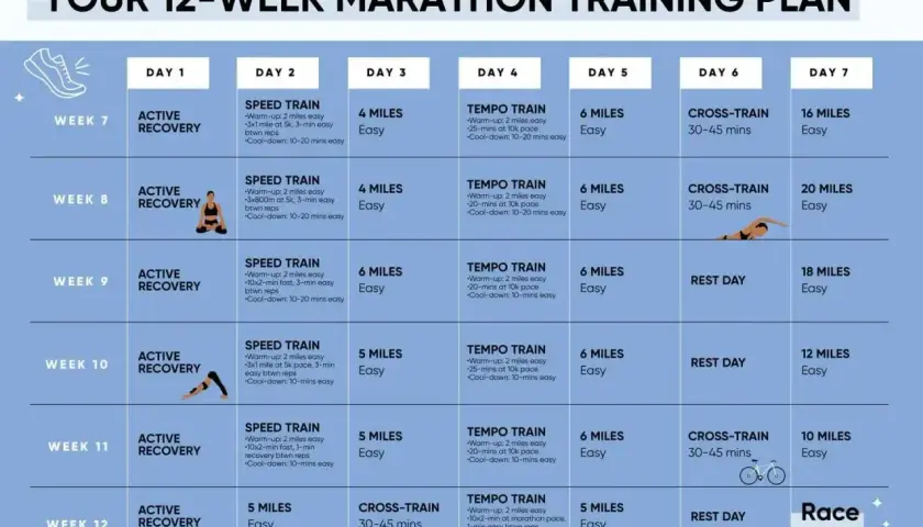 Plan 12-tygodniowego treningu do maratonu: zawiera dni regeneracji, treningi szybkościowe, tempowe, cross-training i długie biegi.