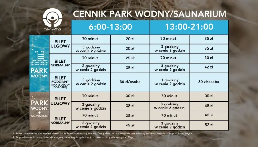 Cennik Bardejowskie Termy: bilety ulgowe, normalne i rodzinne na park wodny i saunarium. Sprawdź ceny od 6:00 do 21:00.