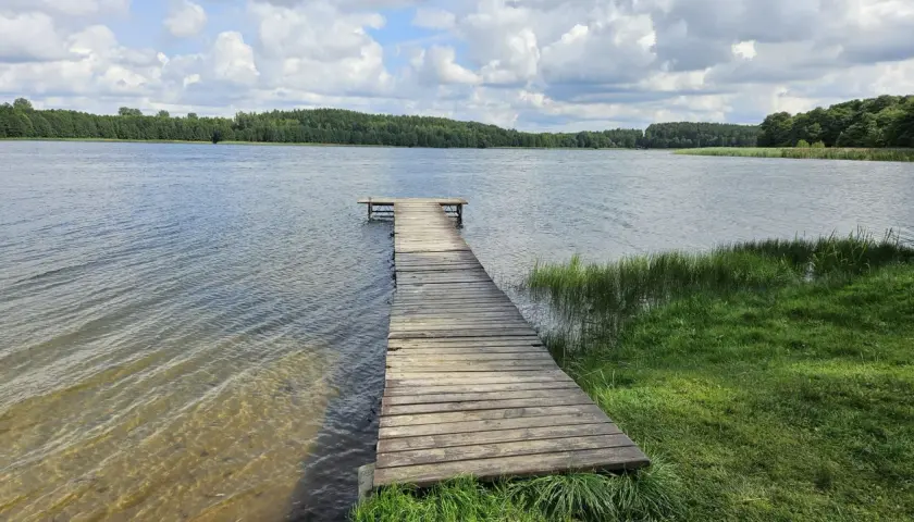 Drewniane molo prowadzi do spokojnego jeziora, otoczonego zielonymi lasami. To idealne miejsce na wypoczynek na łonie natury, prawdziwy kamień krajeński.