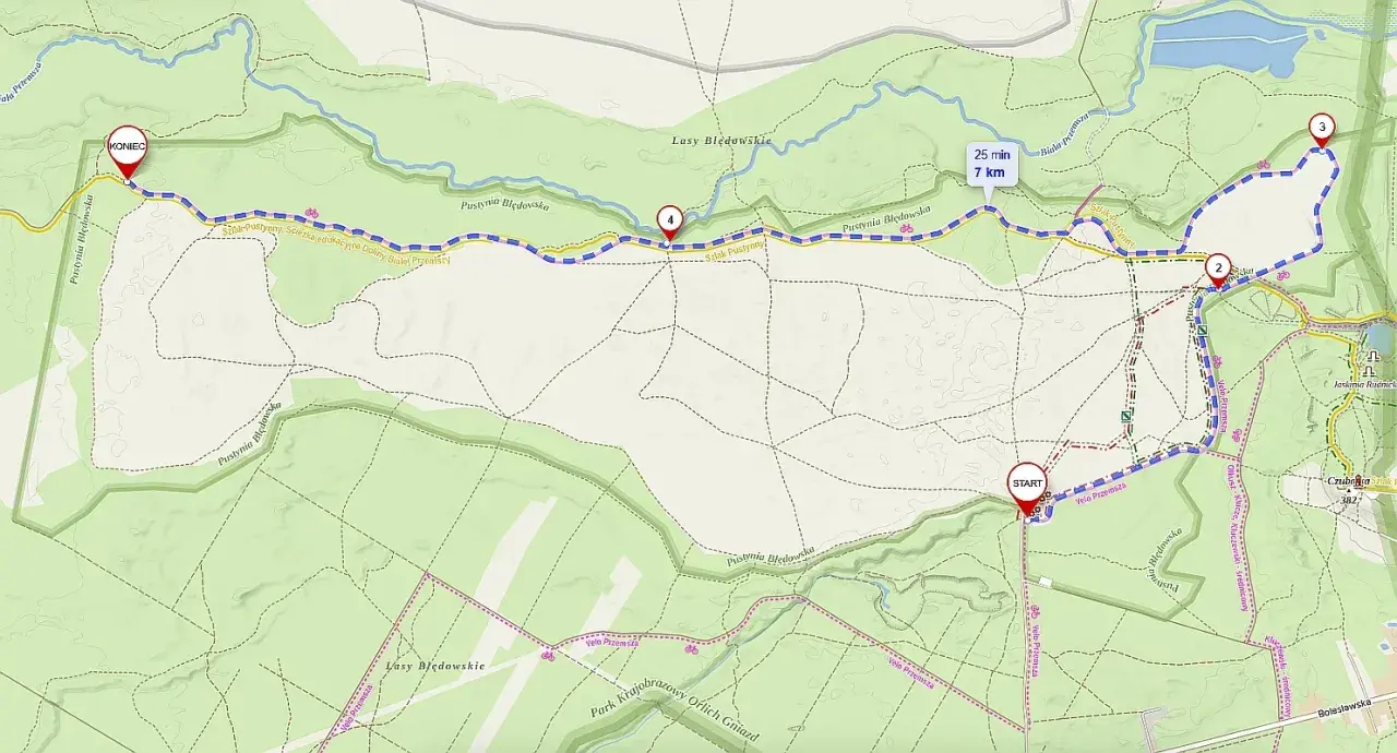 Mapa Pustyni Błędowskiej z zaznaczoną trasą rowerową Velo Przemsza. Start i meta oznaczone, punkty kontrolne 1-4.