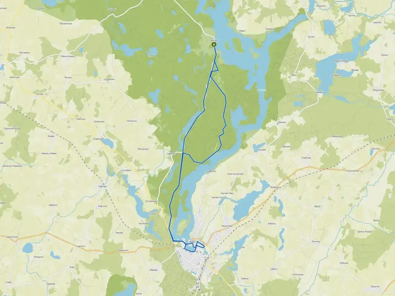 Trasa rowerowa przez malownicze tereny, łącząca miasto na trasie Toruń-Świecie z licznymi jeziorami i lasami.
