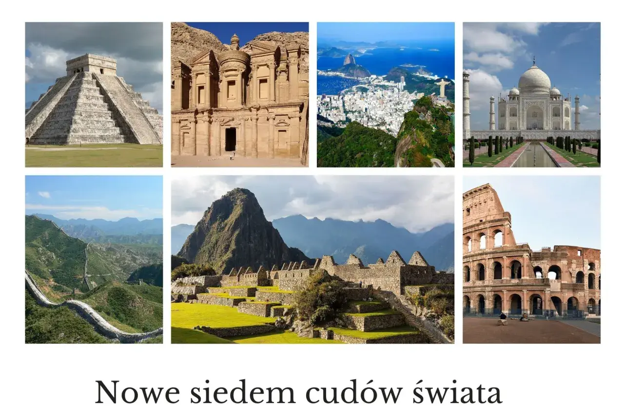 Kolekcja 7 cudów świata UNESCO: piramida Chichen Itza, Petra, Rio de Janeiro, Tadź Mahal, Wielki Mur Chiński, Machu Picchu, Koloseum.