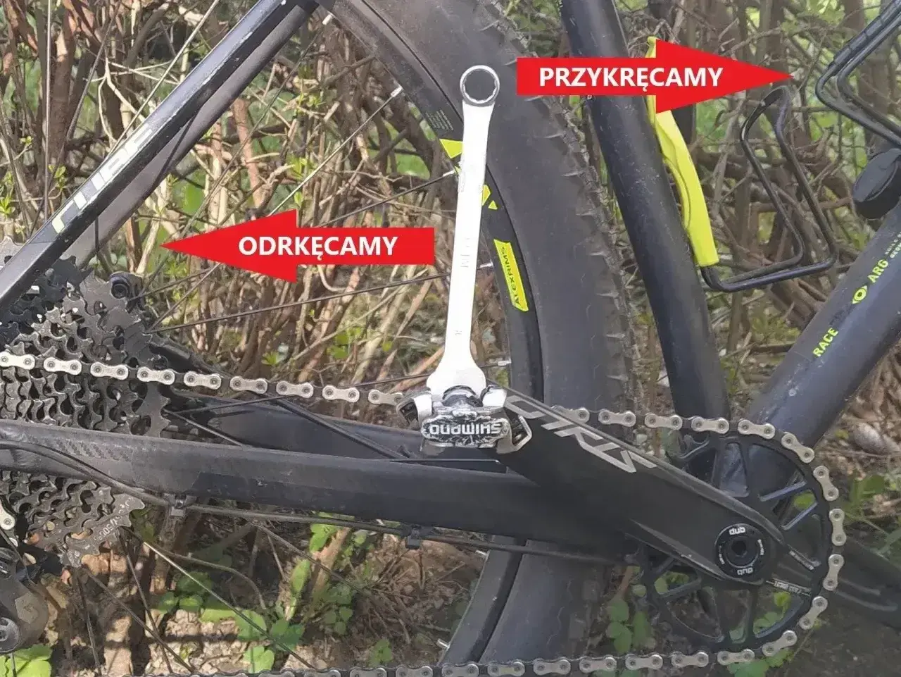 Klucz do pedałów pokazuje, jak rozkręcić pedały w rowerze. Strzałka "odkręcamy" wskazuje na lewy pedał, a "przykręcamy" na prawy.