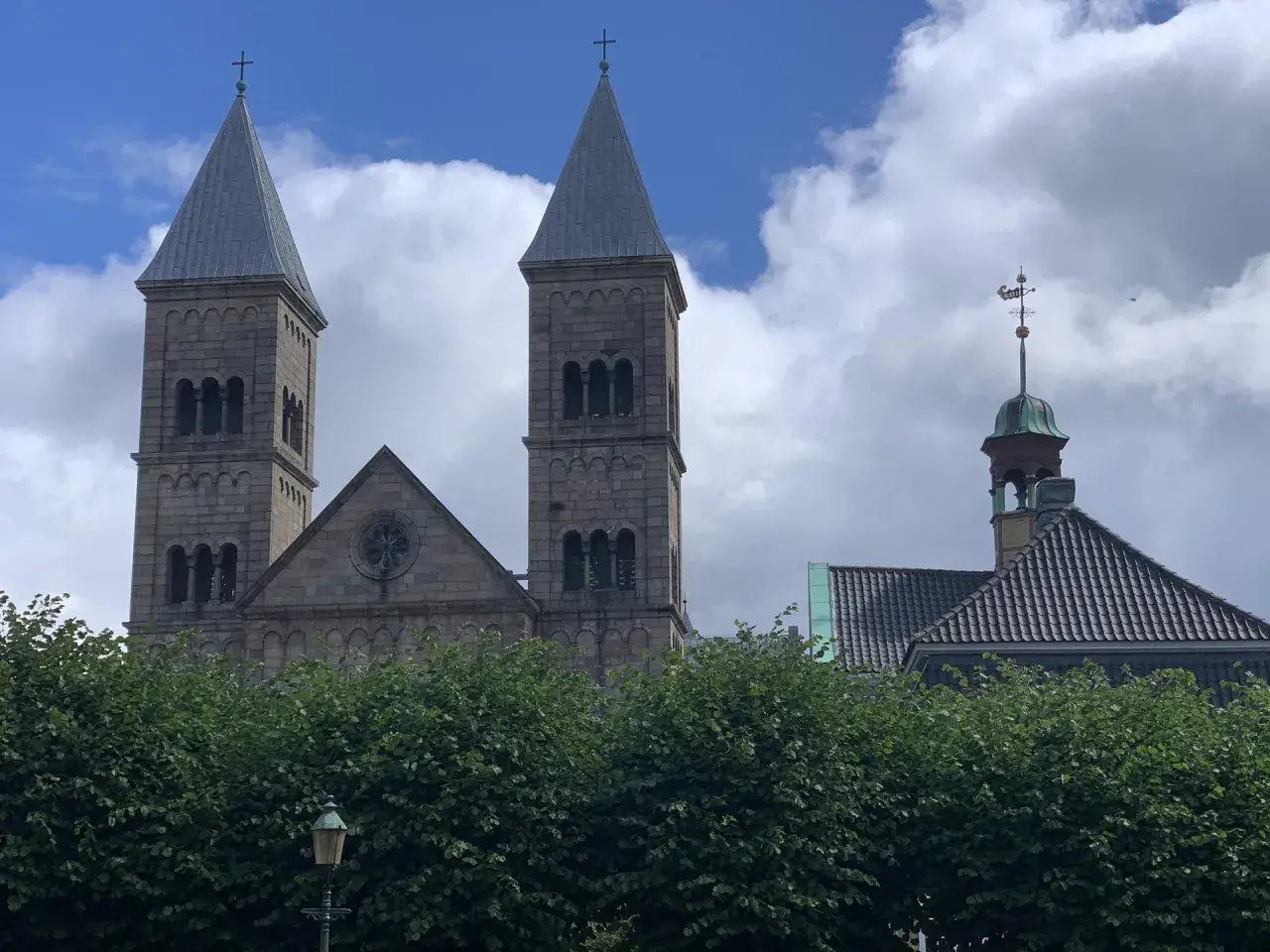 Kamienne wieże katedry w Viborg górują nad zielonymi drzewami.