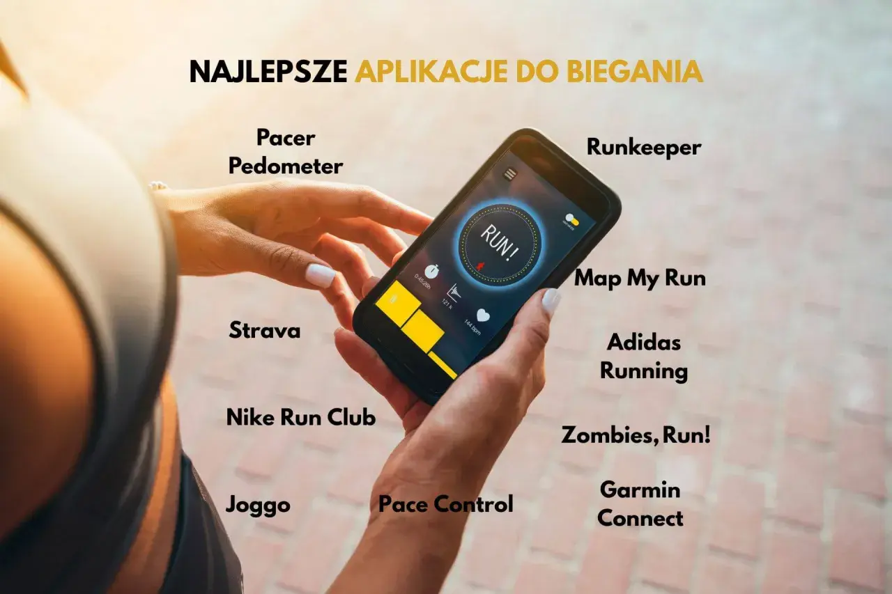 Dłoń trzyma smartfon z uruchomioną aplikacją do biegania. Wokół wyświetlone nazwy najlepszych aplikacji, np. Strava, Nike Run Club, Runkeeper.