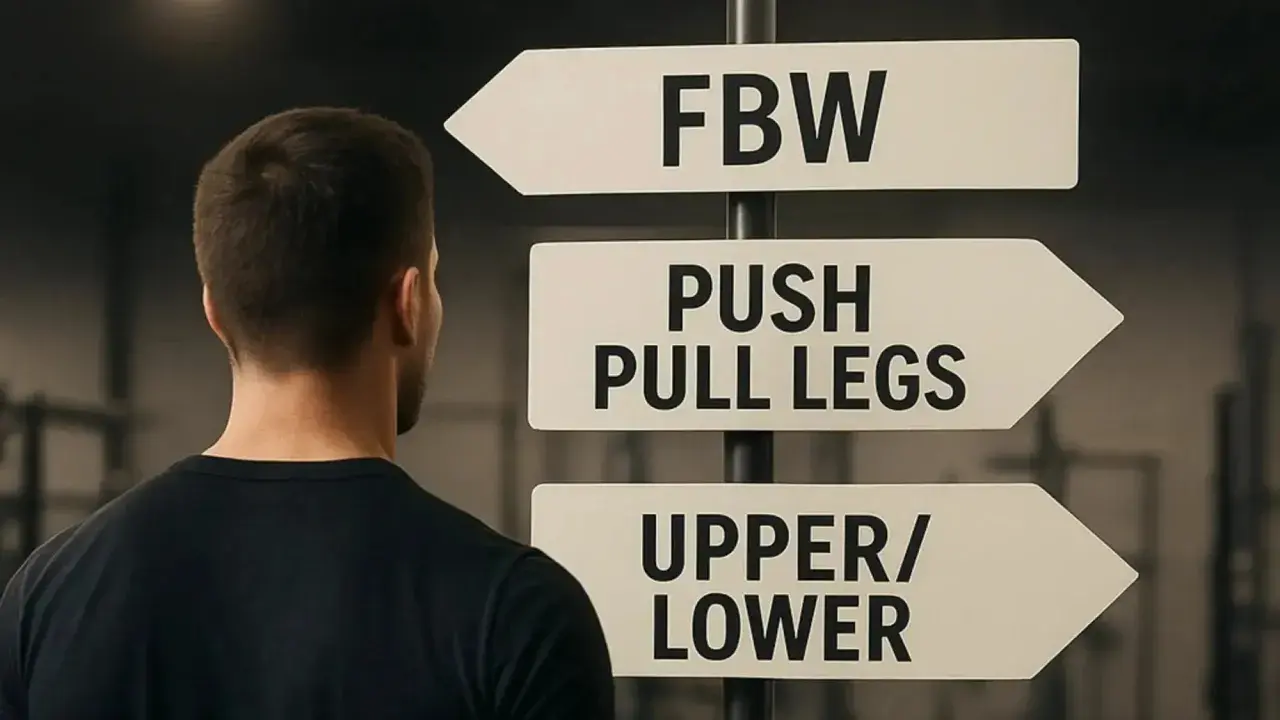 Mężczyzna patrzy na drogowskazy treningowe: FBW, PUSH PULL LEGS, UPPER/LOWER. Którą ścieżkę wybierze?