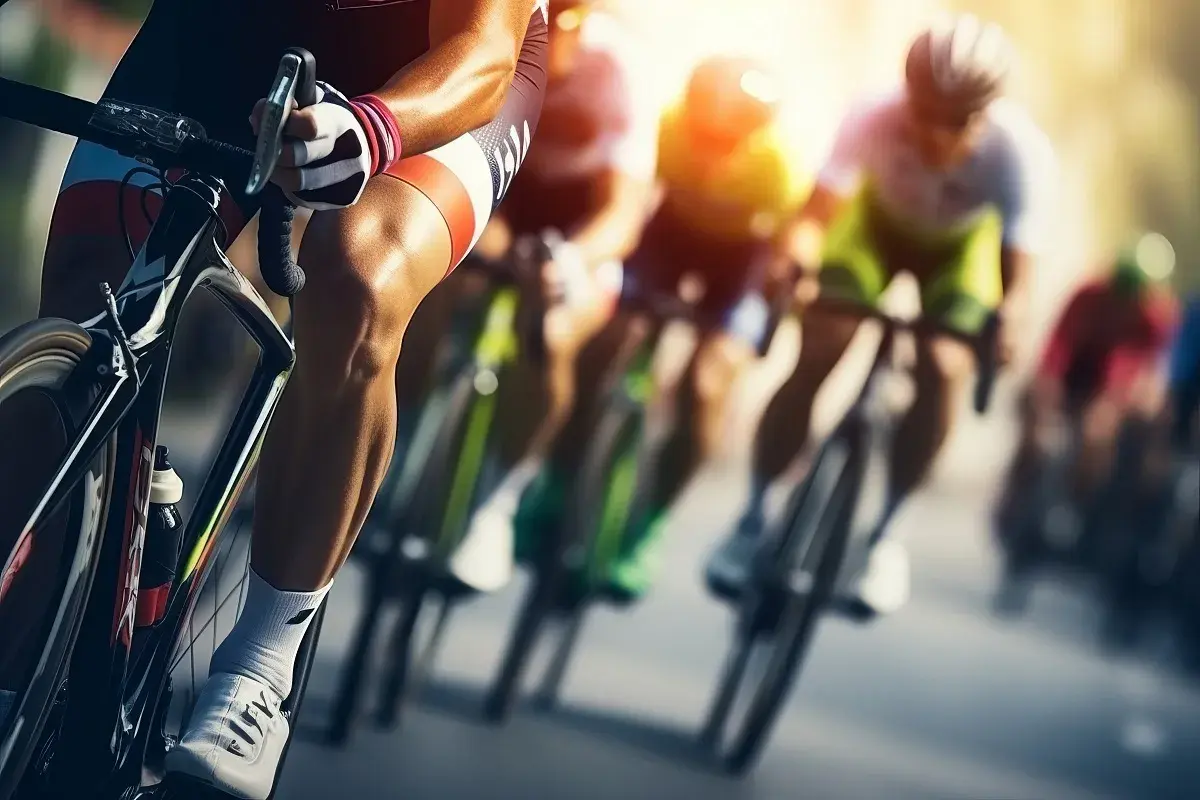 Wyścig **bikery** w pełnym słońcu. Kolarze w aerodynamicznych strojach pędzą po trasie, skupieni na rywalizacji.