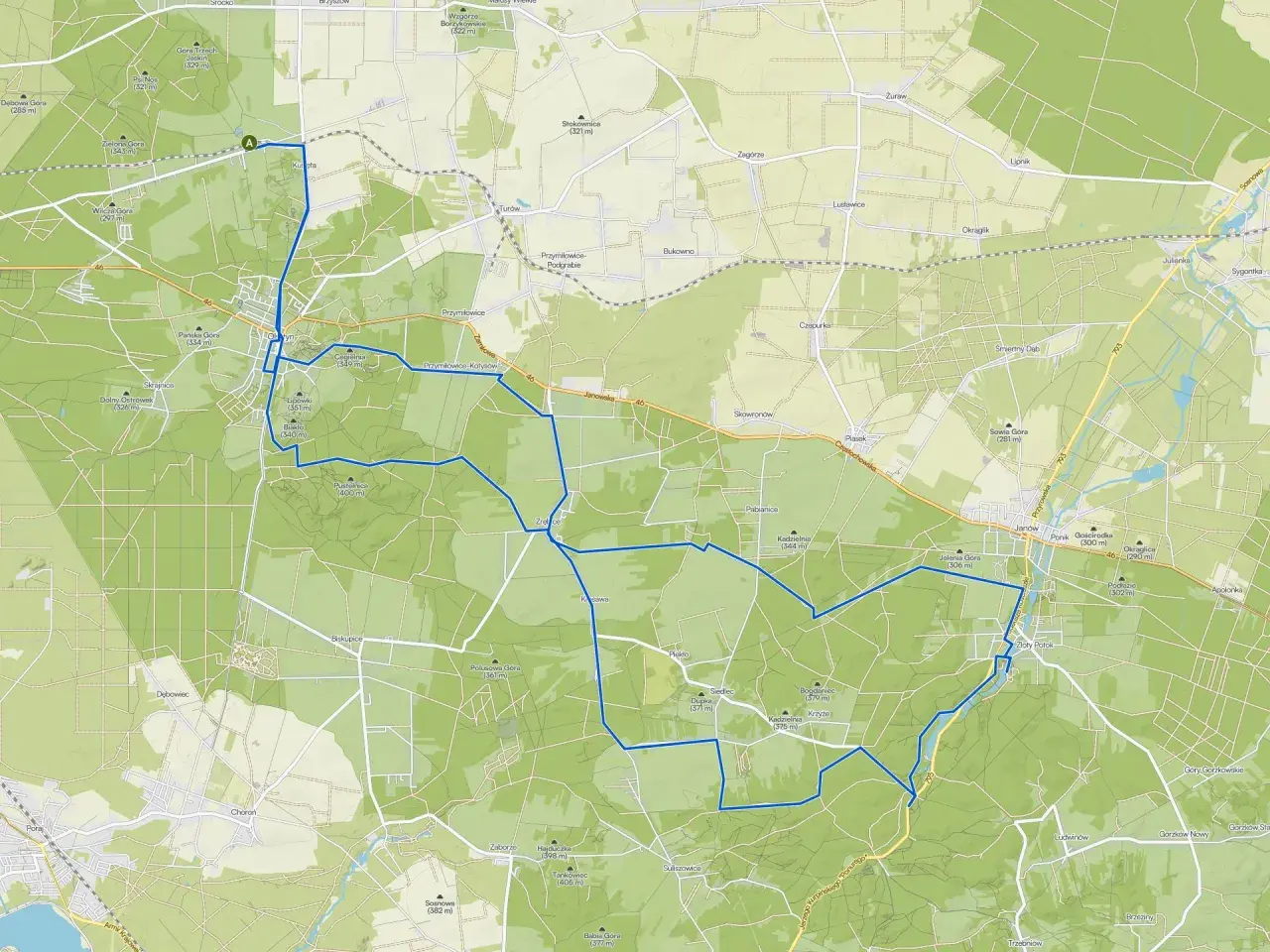 Trasy rowerowe Olsztyn: mapa wyznacza malowniczą pętlę przez lasy i wzgórza, idealną na aktywny wypoczynek.