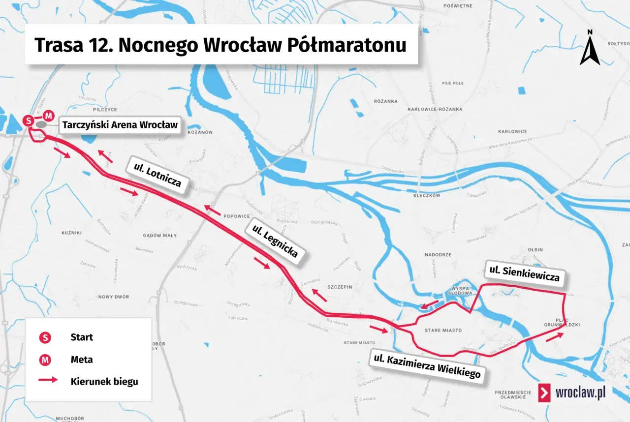 Trasa 12. Nocnego Wrocław Półmaratonu: start na Tarczyński Arena, przez ul. Lotniczą, Legnicką, Sienkiewicza, Kazimierza Wielkiego.