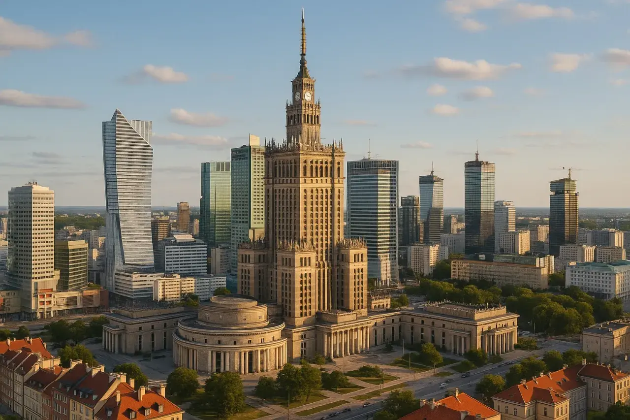 Pałac Kultury i Nauki góruje nad nowoczesnymi wieżowcami, tworząc panoramę fajnych miejsc w Warszawie.