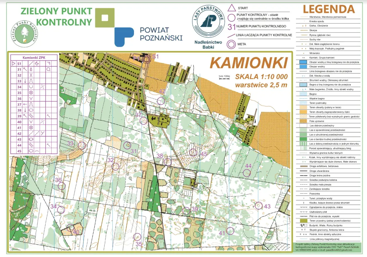 Mapa terenu "Kamionki" z zaznaczonymi punktami kontrolnymi i legendą.