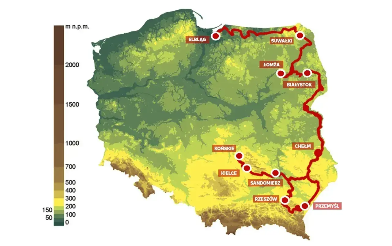 Mapa Polski z zaznaczonymi oznaczeniami tras rowerowych, biegnącymi przez Elbląg, Suwałki, Łomżę, Białystok, Końskie, Kielce, Sandomierz, Rzeszów, Chełm i Przemyśl.