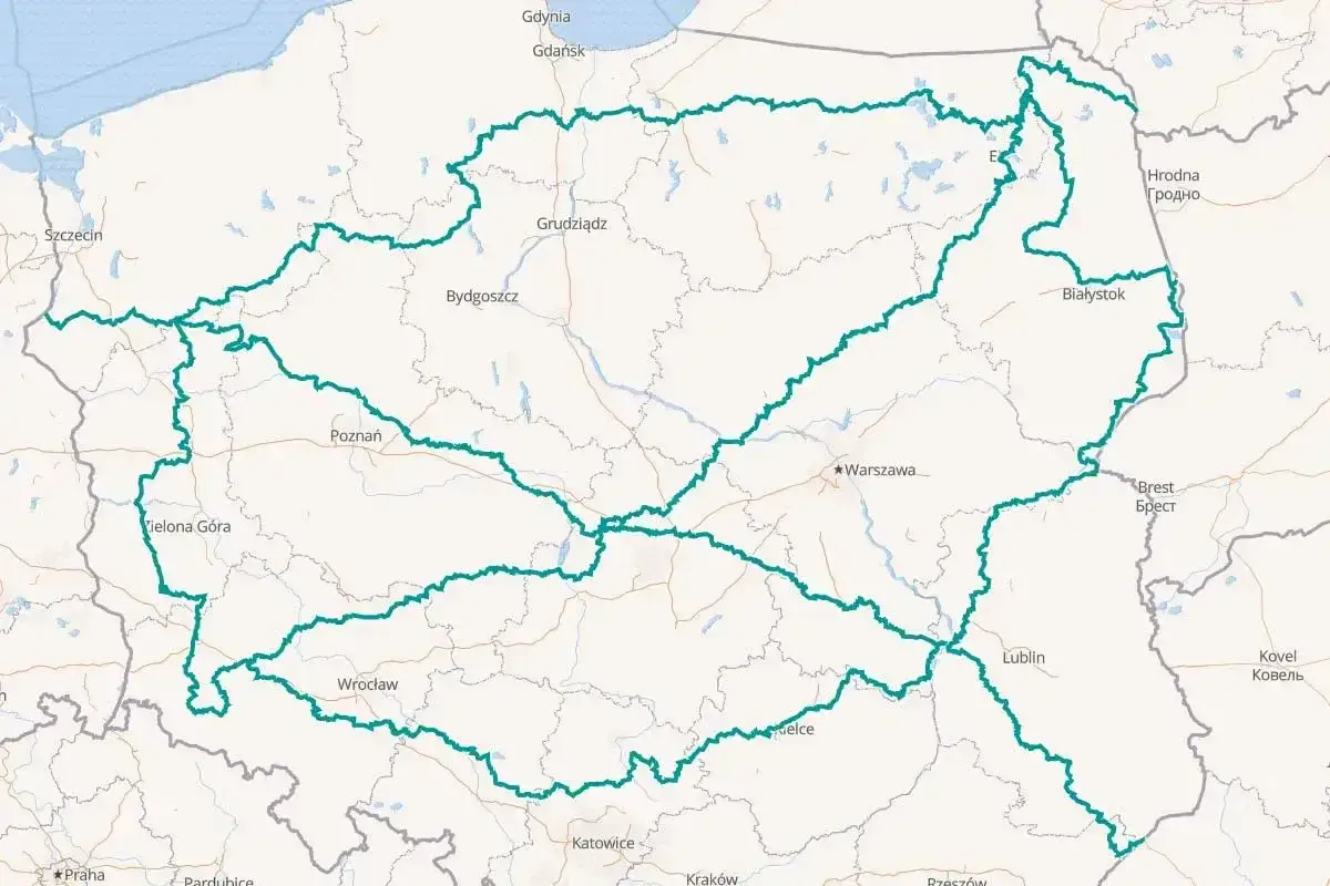 Mapa Polski z zaznaczonymi trasami, obejmującymi m.in. Lublin i tereny lubelszczyzny.