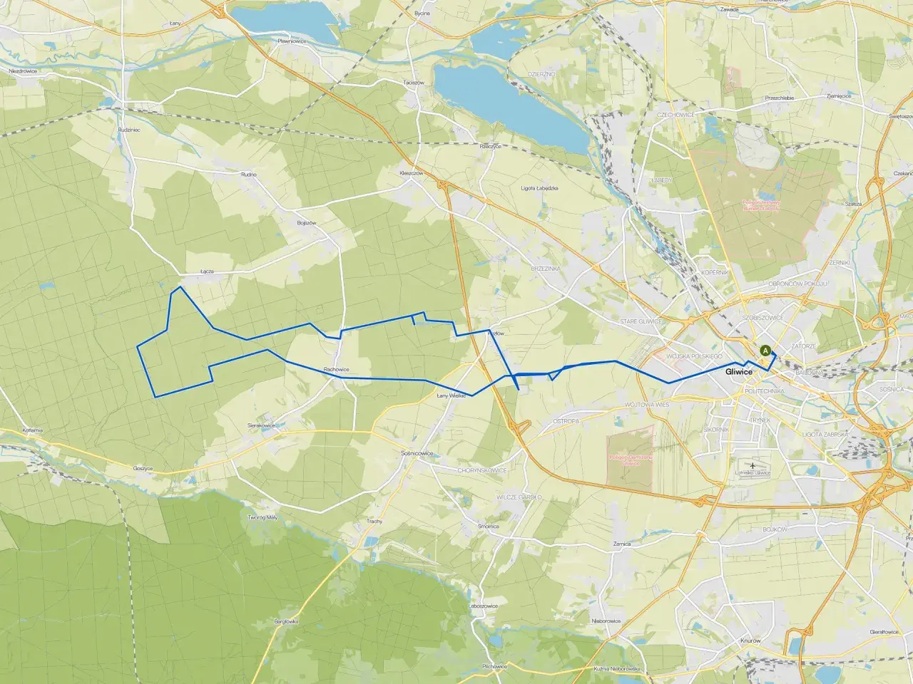Mapa z zaznaczonymi trasami rowerowymi Gliwice i okolicami.