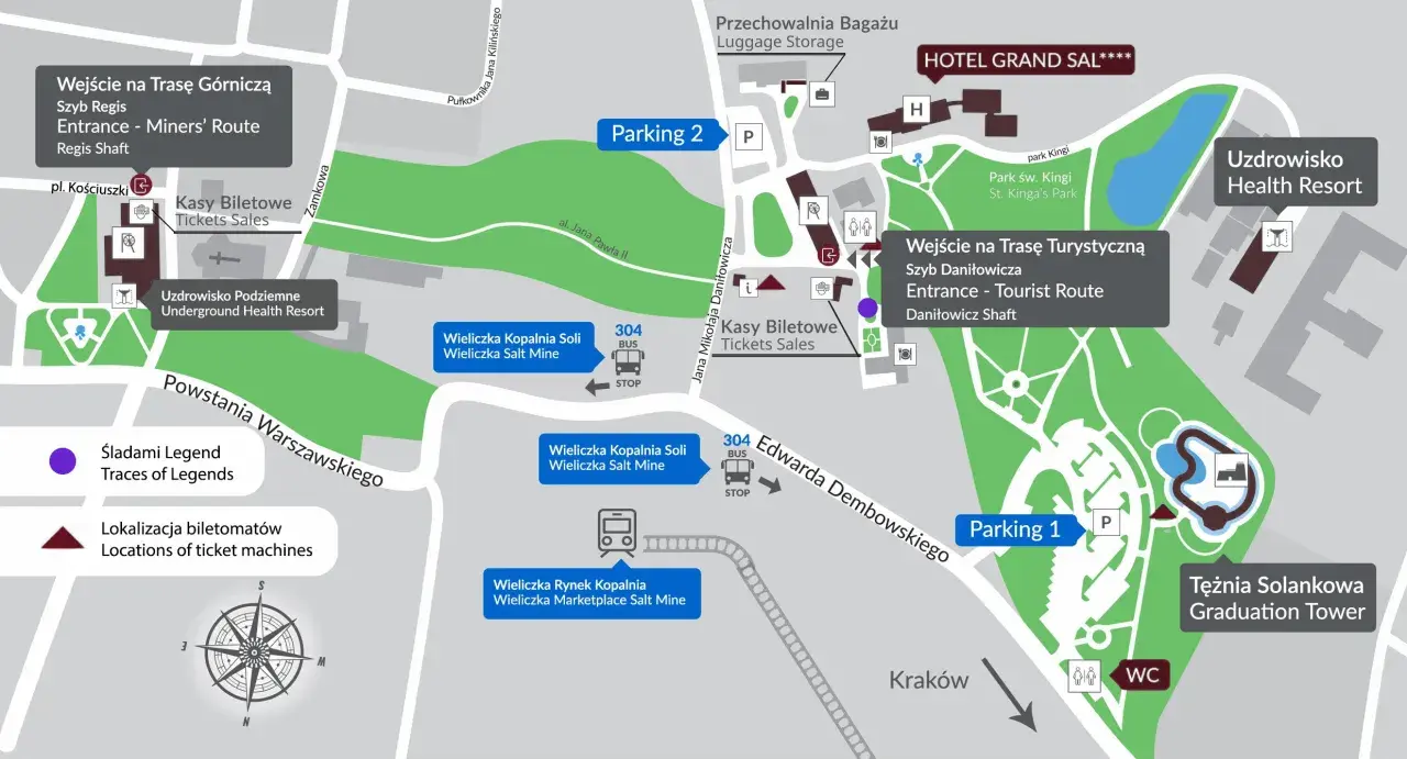 Mapa Kopalni Soli "Wieliczka" z zaznaczonymi wejściami na trasy, parkingami i kasami biletowymi.