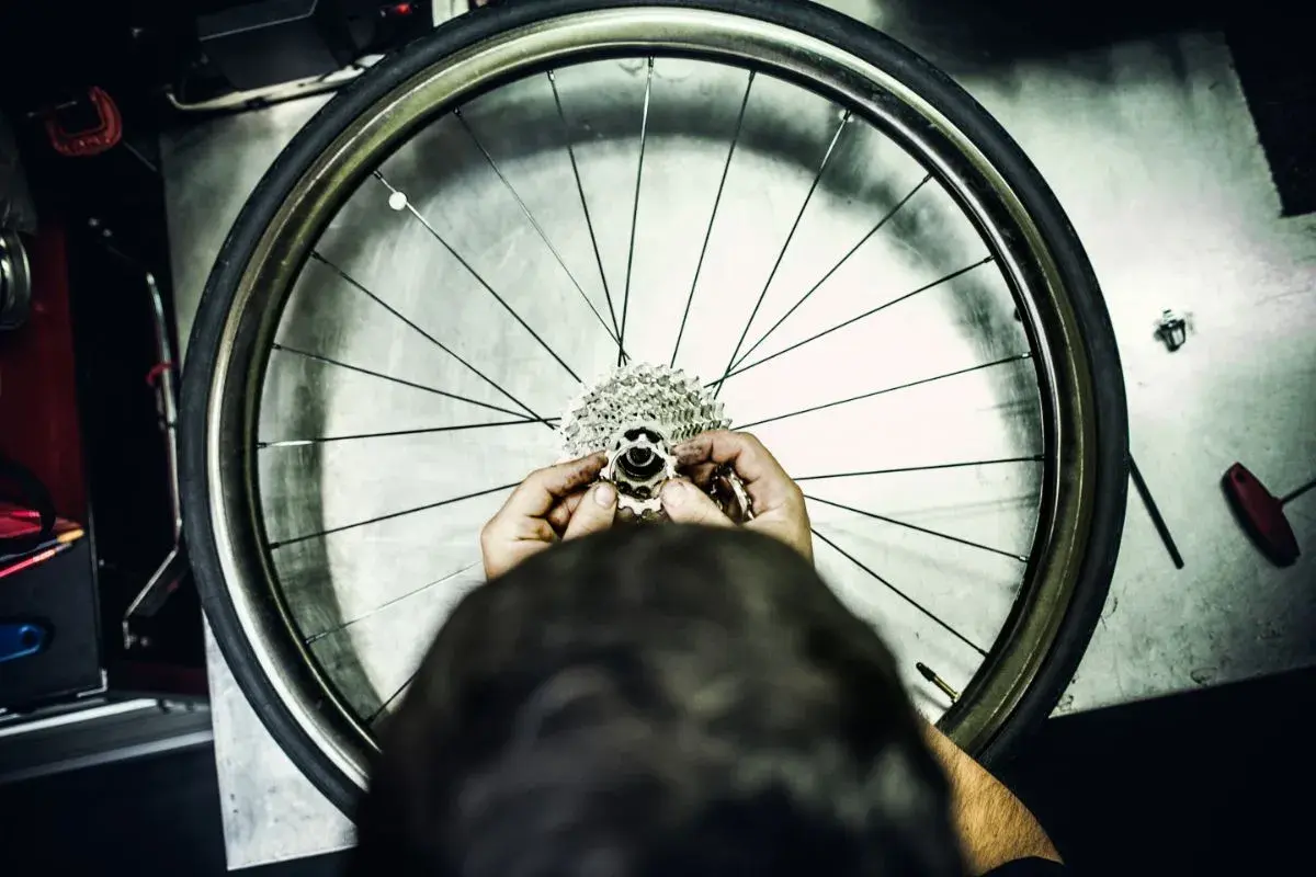 Ręce mechanika składają kasetę z zębatkami, przygotowując wolnobieg do montażu na kole rowerowym.