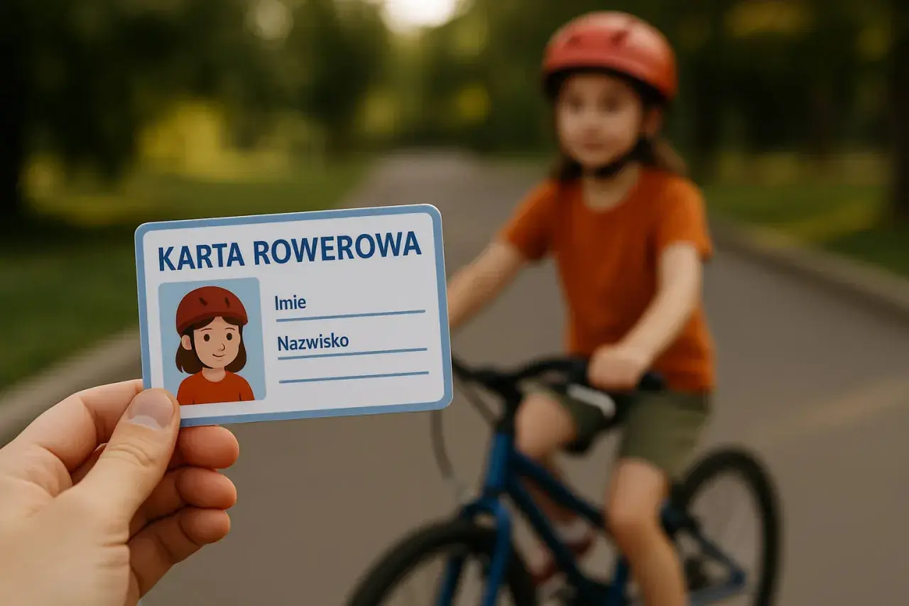 Karta rowerowa od ilu lat? Dziecko w kasku jedzie na rowerze, a ręka trzyma kartę rowerową z rysunkiem dziewczynki.