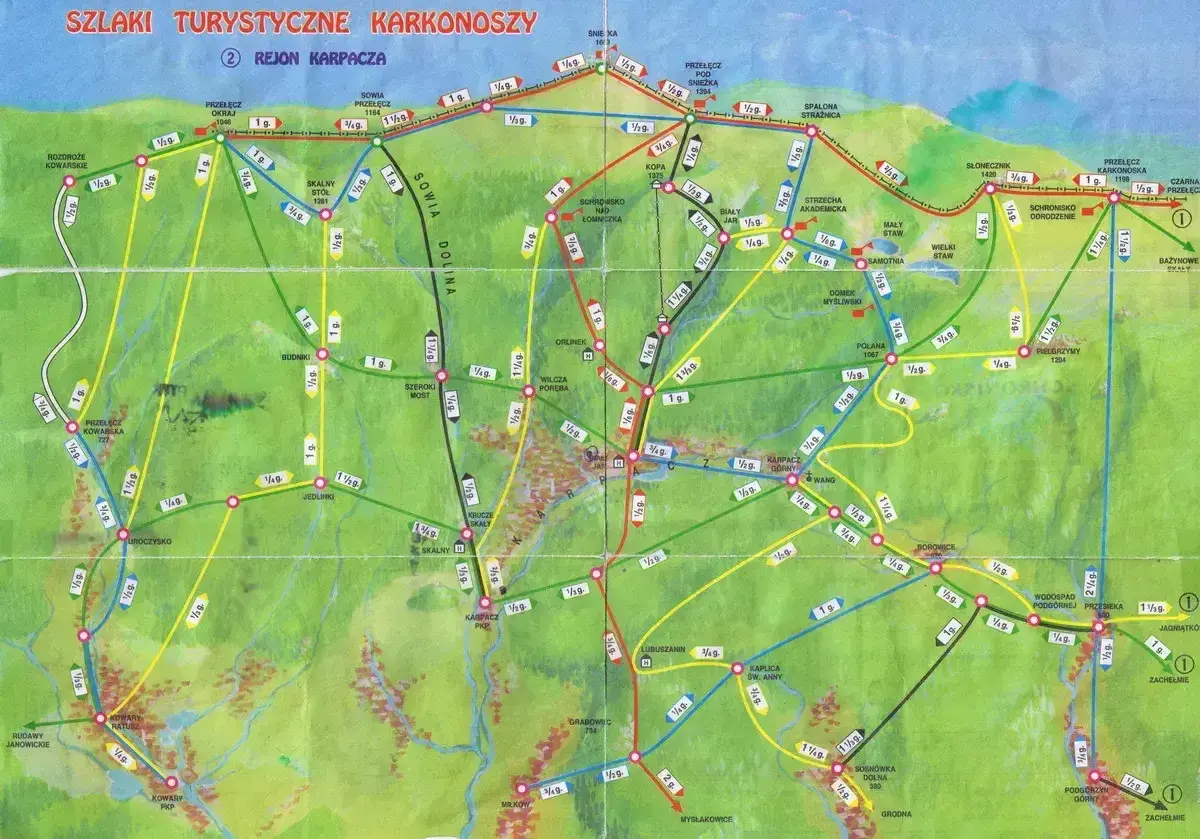 Mapa turystyczna Karkonoszy z zaznaczonymi szlakami. Kolorowe linie pokazują różne szlaki, a punkty oznaczają miejsca postoju i schroniska. Idealna do planowania wędrówek po Karkonoszach.