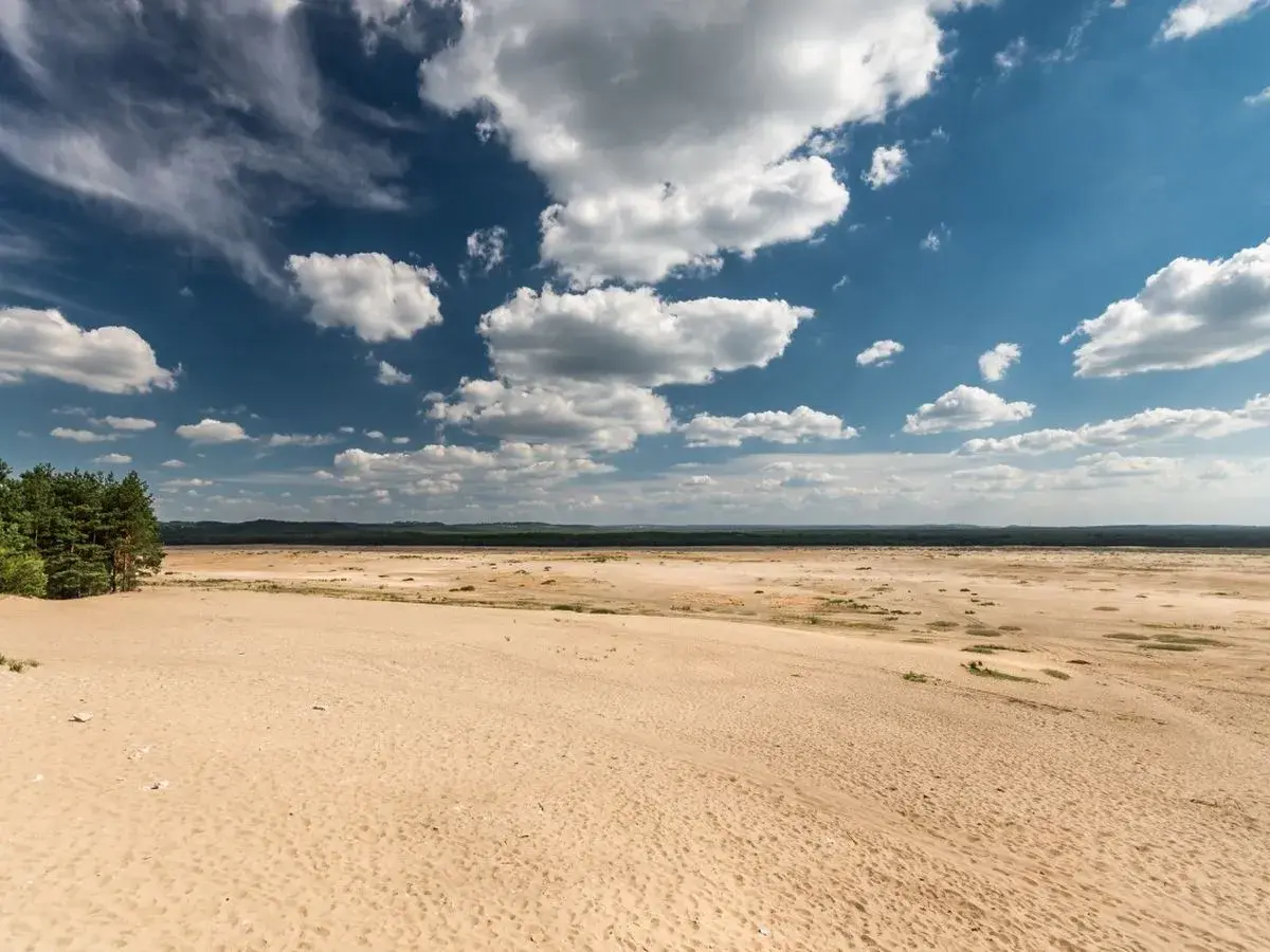 Pustynia Błędowska pod błękitnym niebem z chmurami. Sprawdź pustynia błędowska cennik atrakcji.