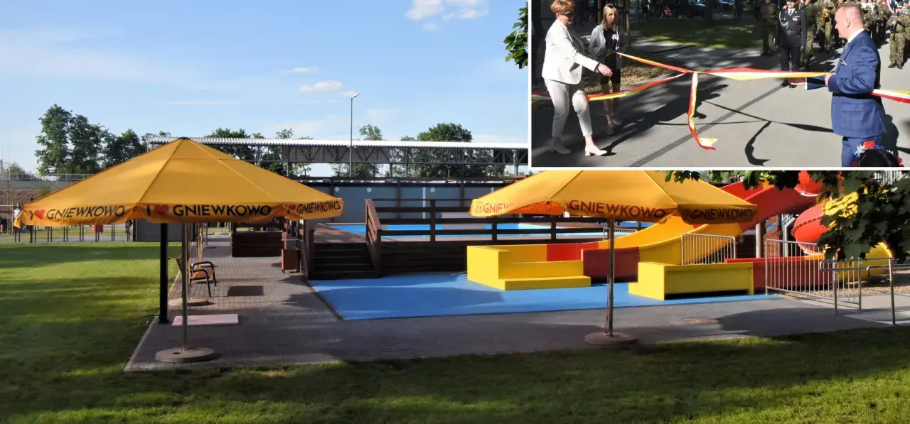 Uroczyste otwarcie placu zabaw w Gniewkowie. Żółte parasole z napisem "Kocham Gniewkowo" i kolorowe zjeżdżalnie zapraszają do zabawy.
