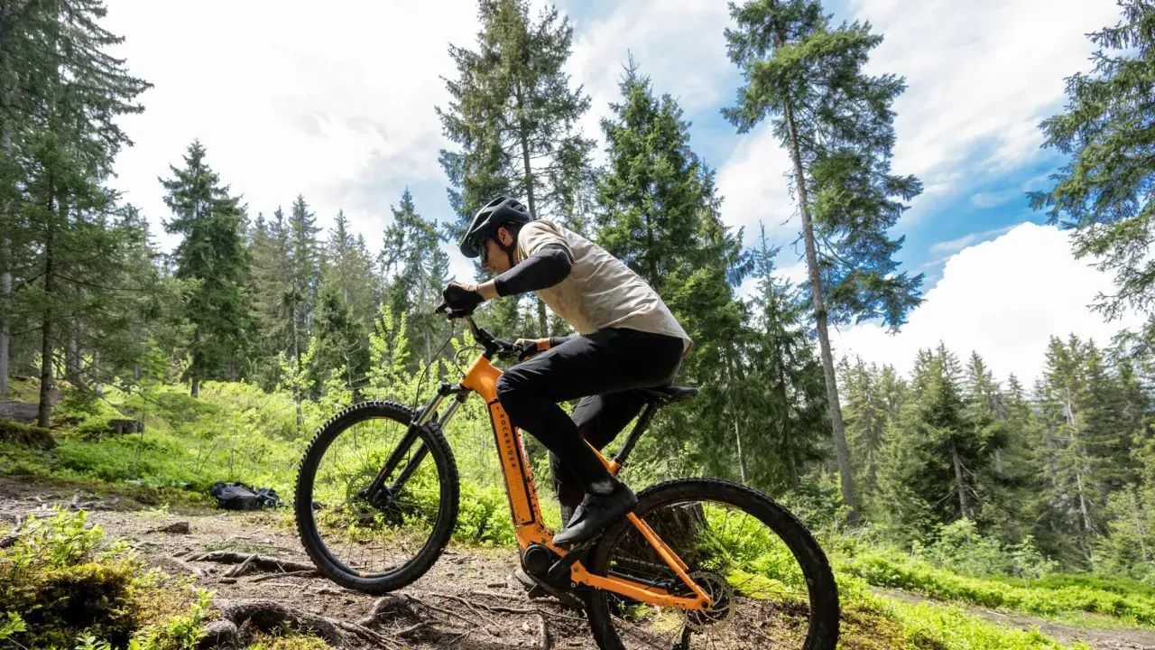 Rowerzysta na pomarańczowym rowerze górskim pokonuje leśną ścieżkę, odkrywając malownicze **trasy rowerowe Zakopane**.
