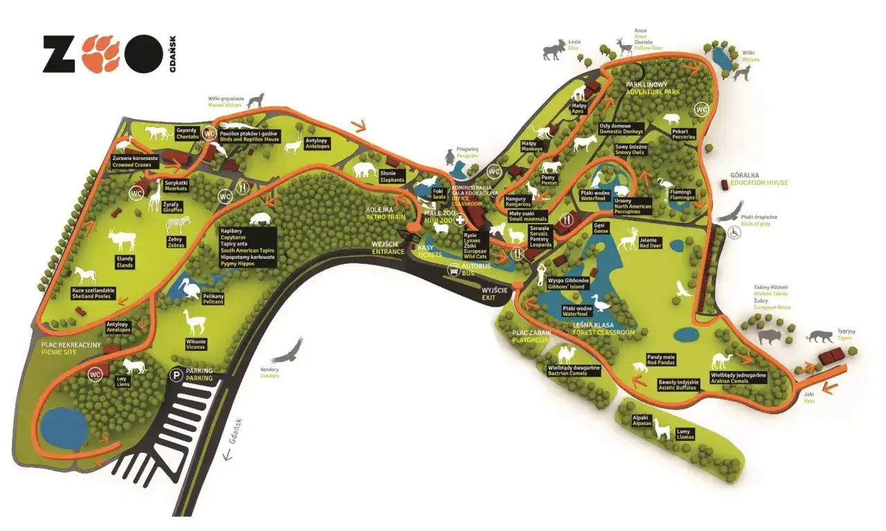 Mapa Gdańskiego Ogrodu Zoologicznego z zaznaczonymi zwierzętami i atrakcjami. Bilety do zoo dostępne przy wejściu.