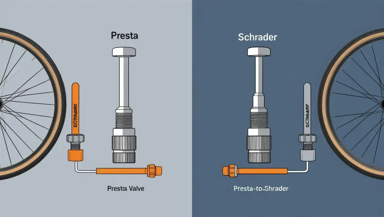 Porównanie rodzajów wentyli rowerowych: Presta i Schrader. Ilustracja pokazuje ich budowę i adapter.