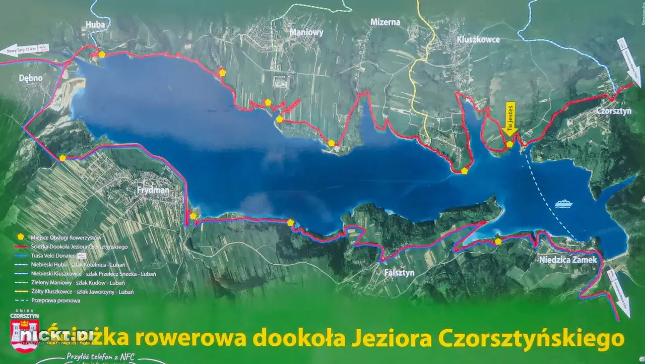 Mapa z trasą rowerową wokół Jeziora Czorsztyńskiego. Velo Czorsztyn to idealna trasa dla miłośników aktywnego wypoczynku.