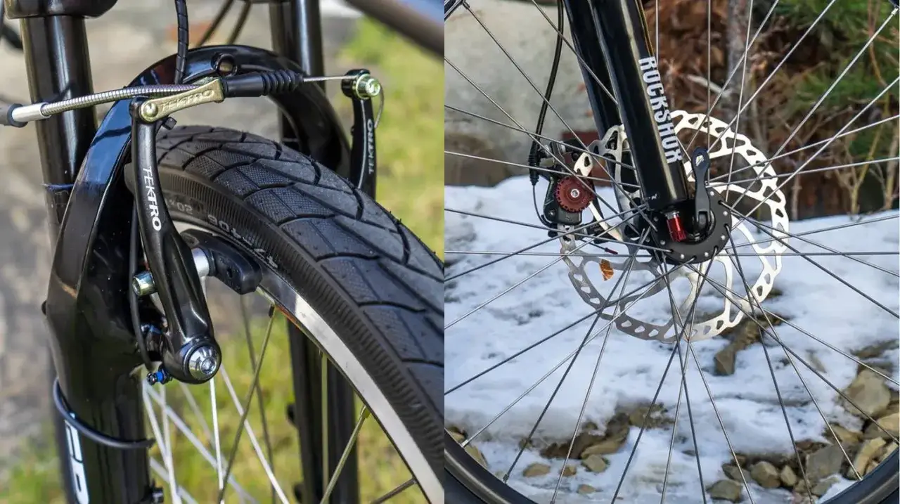Porównanie różnych rodzajów hamulców rowerowych: szczękowych Tektro i tarczowych z tarczą RockShox.