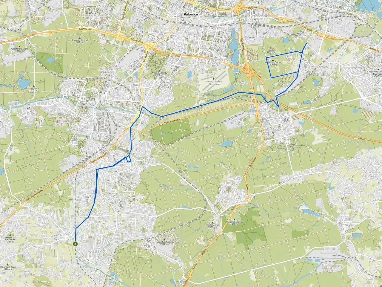 Mapa z zaznaczonymi trasami rowerowymi Katowice. Trasa prowadzi przez tereny zielone i osiedla.