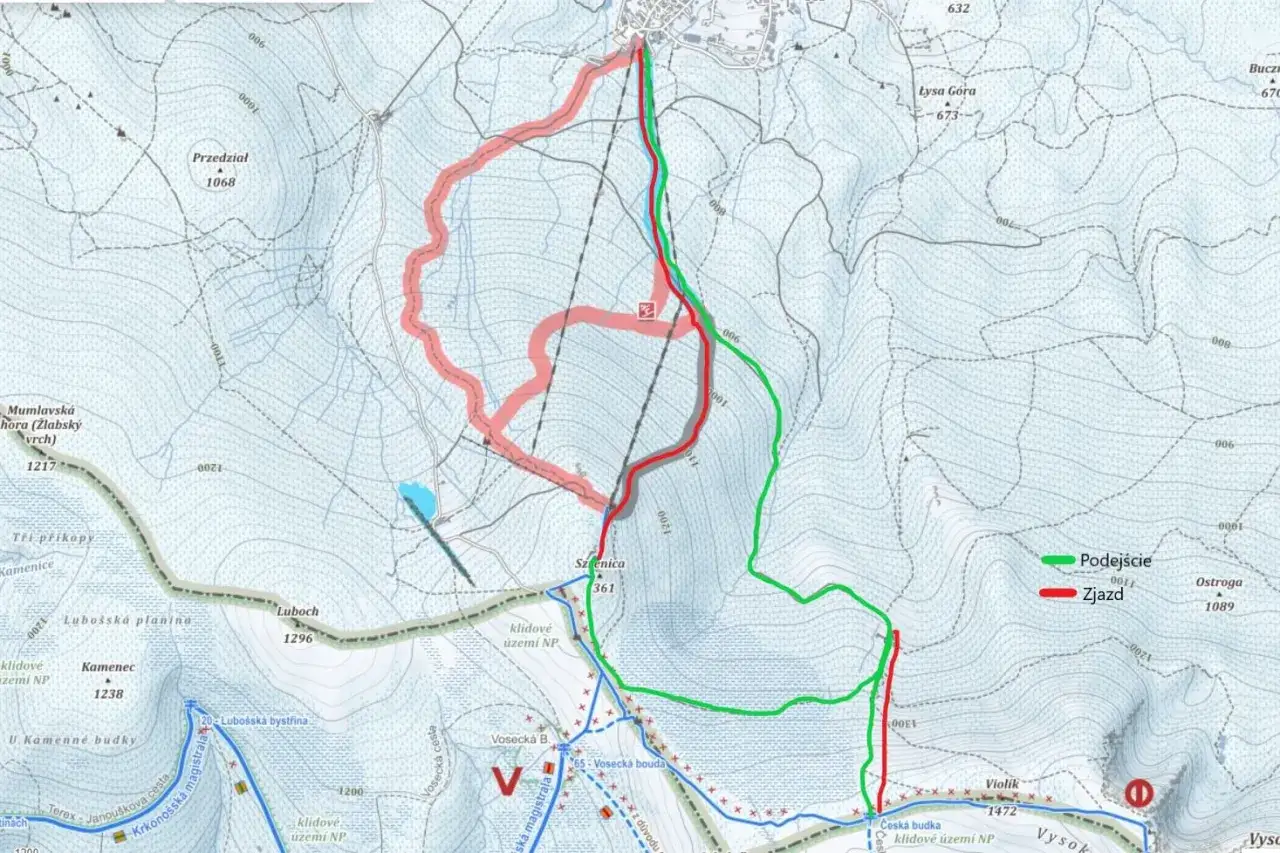 Mapa turystyczna z zaznaczonymi trasami Podejście (zielona) i Zjazd (czerwona) w rejonie Łabskiego Szczytu.