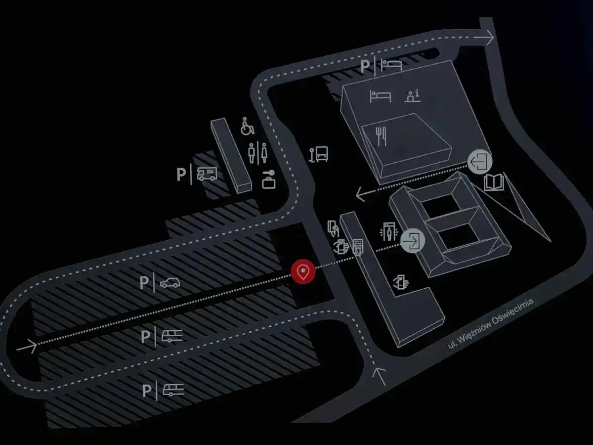 Mapa terenu Muzeum Auschwitz-Birkenau. Wskazuje parkingi, budynki i drogę dojazdową. Tu dowiesz się, gdzie jest Auschwitz.