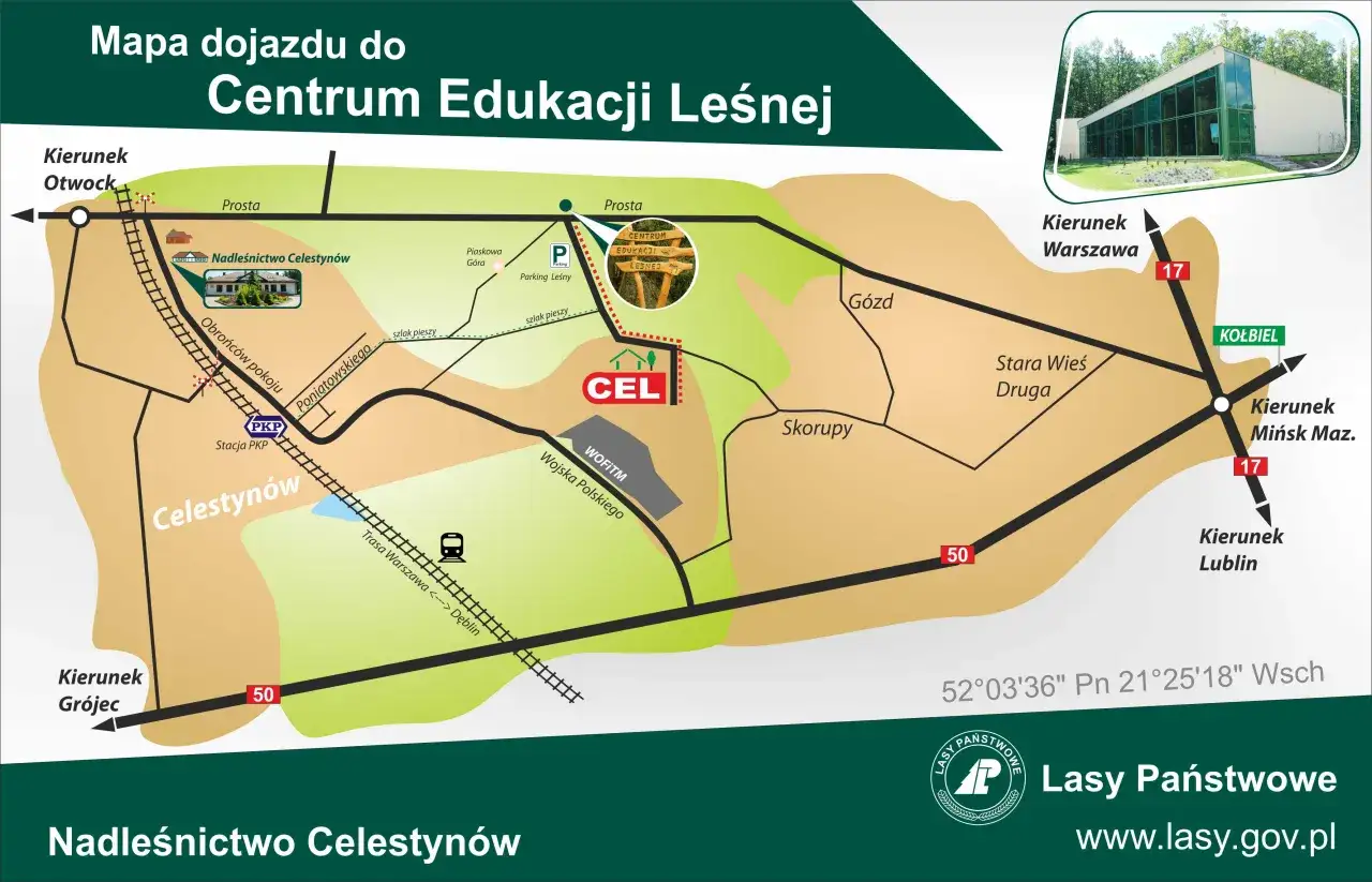 Mapa dojazdu do Centrum Edukacji Leśnej w Celestynowie. Pokazuje drogi, kolej, parking i szlaki piesze.