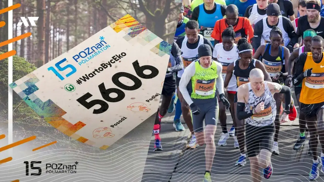 Numer startowy 5606 na 15. Poznański Półmaraton. Zawodnicy biegną w peletonie.