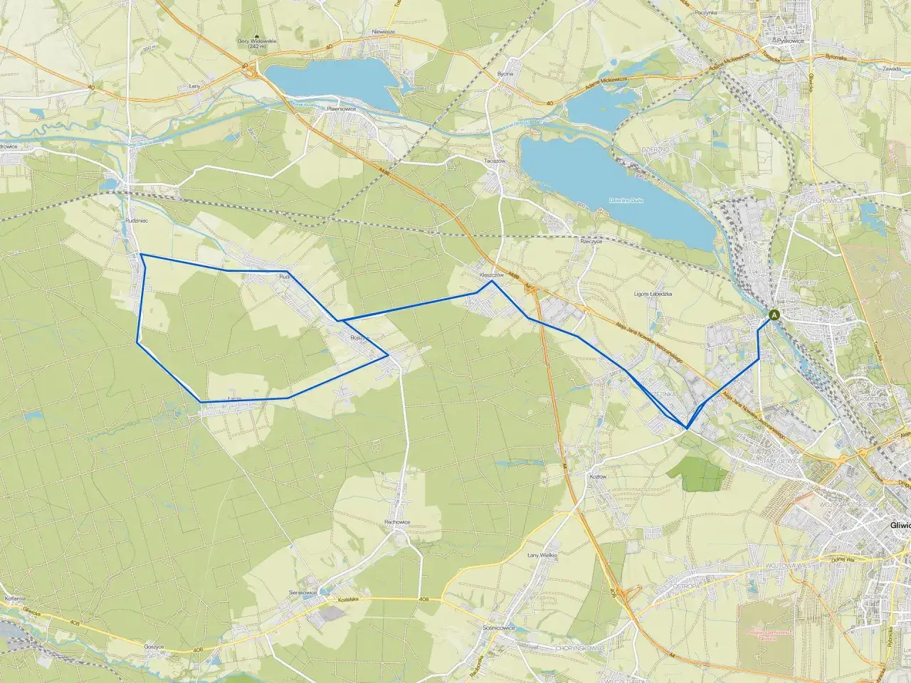 Trasy rowerowe Gliwice: mapa pokazuje malowniczą pętlę przez lasy i pola, łączącą Rudziniec z Gliwicami.
