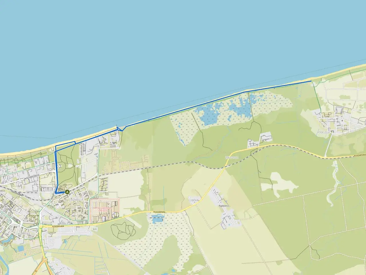 Mapa okolic Kołobrzegu z zaznaczonymi drogami i terenami zielonymi. Odkryj geheimtipps Kolberg, szukając ukrytych zakątków.