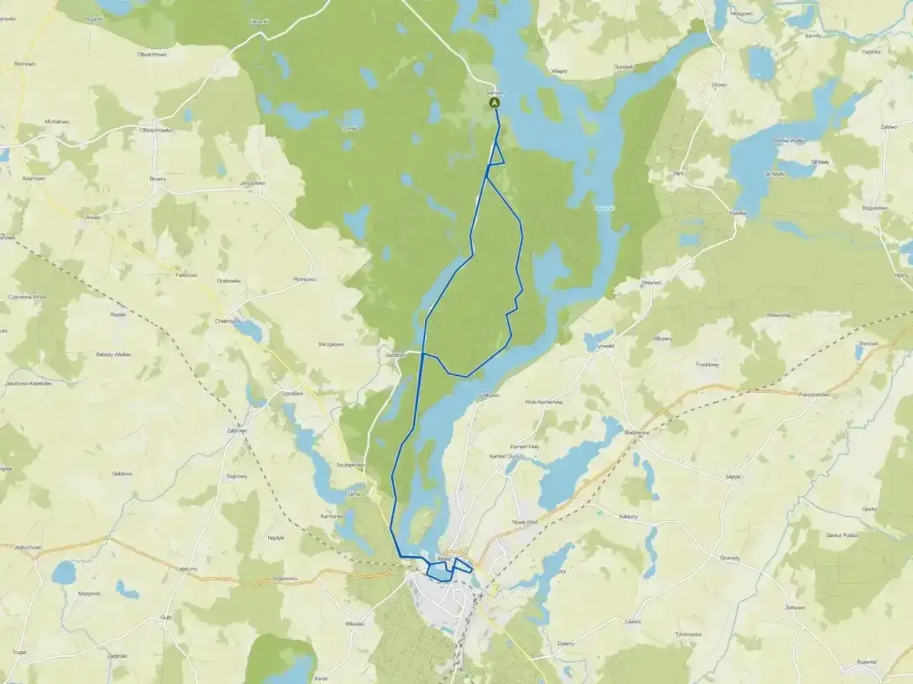 Trasa rowerowa przez malownicze tereny, łącząca miasto na trasie Toruń-Świecie z jeziorami i lasami.