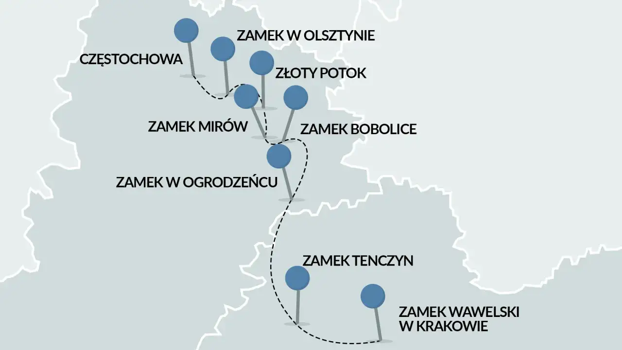 Mapa turystyczna z zaznaczonymi zamkami i trasą rowerowy szlak orlich gniazd, od Częstochowy po Kraków.